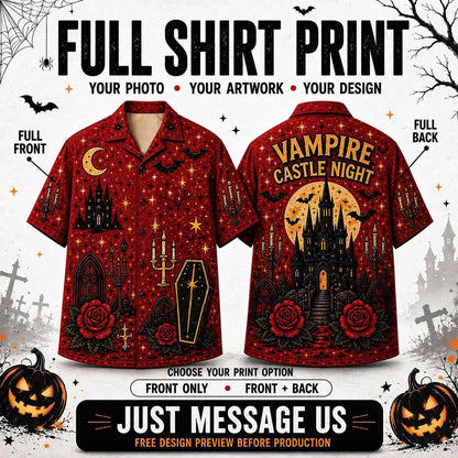 Custom Halloween Button Up Shirt, Personalized Photo or Artwork, Any Design, Unisex Short Sleeve
