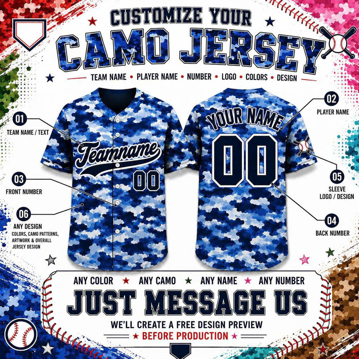 Custom Camo Baseball Jersey, Personalized Name & Number, Camouflage Team Sports Shirt