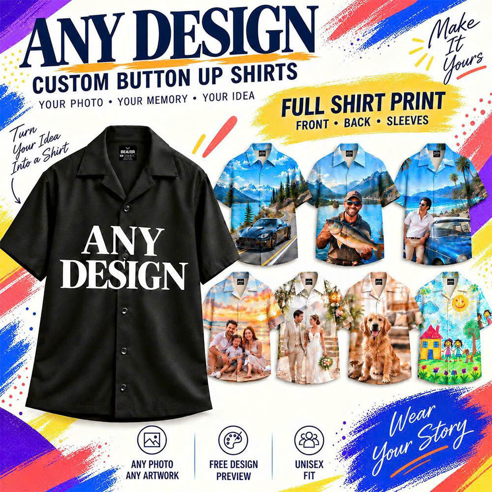 Custom Button Up Shirt, Any Design, Personalized Photo Artwork, Full Print, Unique Personalized Gift