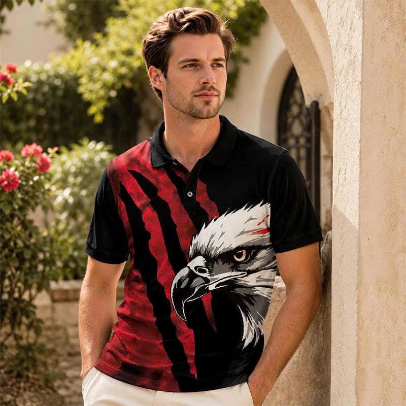Bald Eagle Graphic Polo Shirt, Red Claw Mark Print, Casual Short Sleeve Collared Shirt