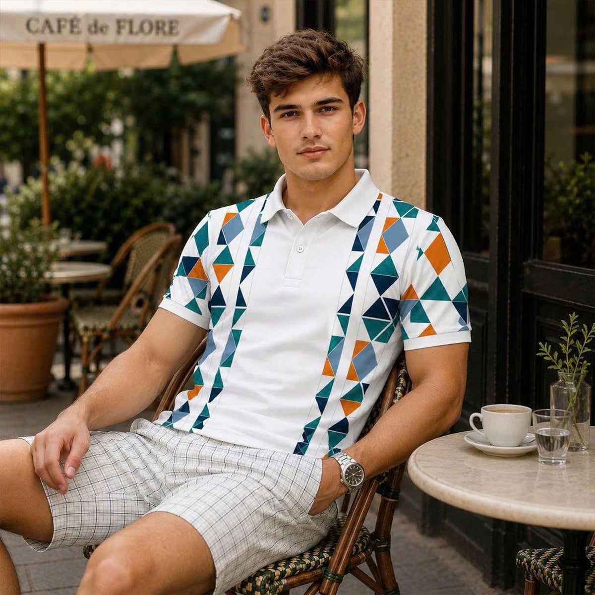 Men's Modern Polo Shirt, Abstract Triangle Print, Summer Outfit
