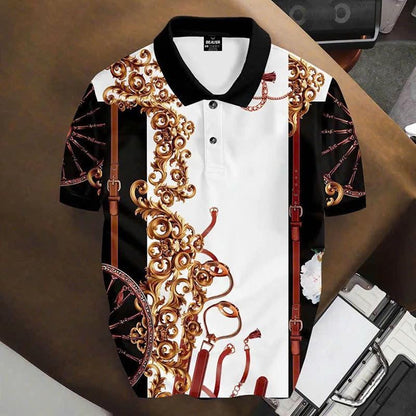 Baroque Ornamental Polo Shirt, Luxury Chain and Strap Print, Men’s Casual Collared Top
