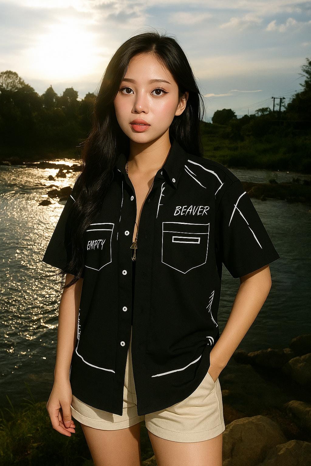 BEAVER Sketch Graphic Button-Up Shirt, Oversized Black & White Streetwear, Unisex Casual Summer Top