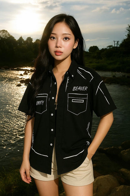 BEAVER Sketch Graphic Button-Up Shirt, Oversized Black & White Streetwear, Unisex Casual Summer Top