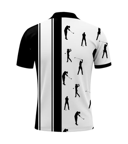 Men's Athletic Golf Polo 21 – Black & White Golfer Silhouette Stripe Polo Shirt