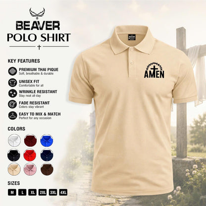 Amen Cross Graphic Polo Shirt, Crown of Thorns Design, Men's Casual Short Sleeve Top