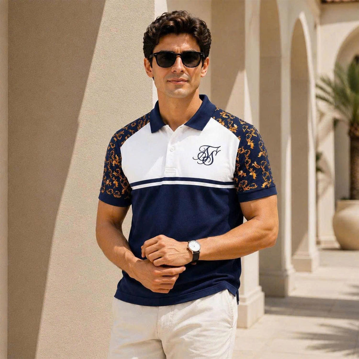 Men's Baroque Polo Shirt, Navy White Color Block Polo, Luxury Ornamental Print Top