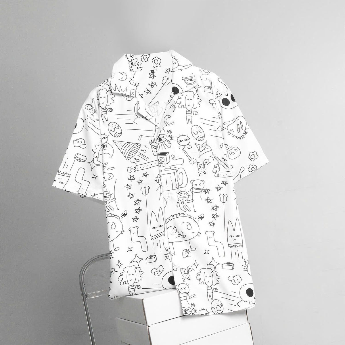 Abstract Doodle Print Shirt, Black & White Button-Down, Unisex Short Sleeve Casual Streetwear Shirt