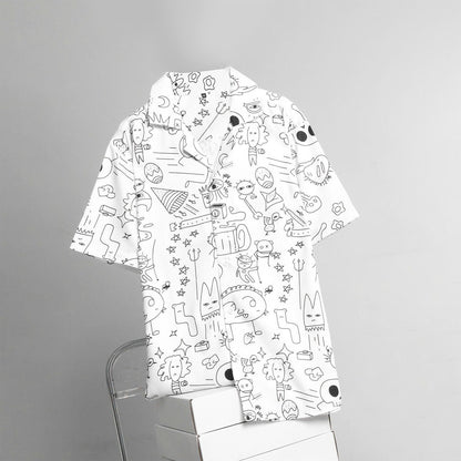 Abstract Doodle Print Shirt, Black & White Button-Down, Unisex Short Sleeve Casual Streetwear Shirt