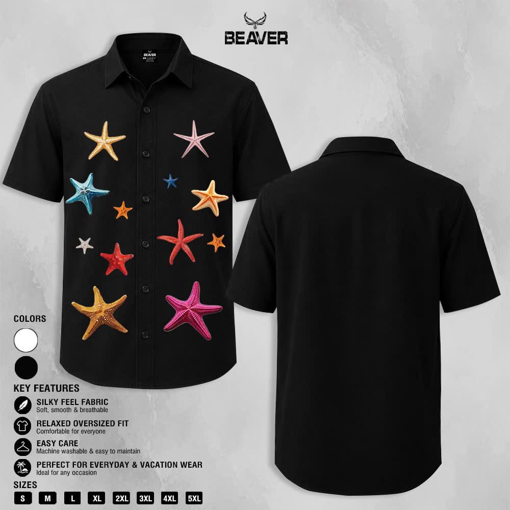 Colorful Starfish Graphic Shirt, Ocean Inspired Print, Casual Short Sleeve Button Up Shirt
