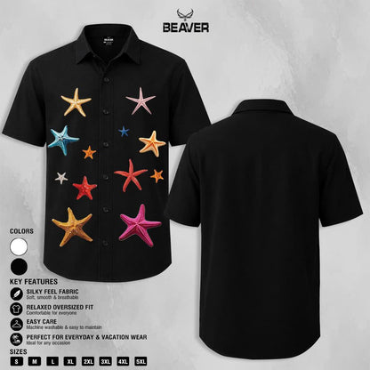 Colorful Starfish Graphic Shirt, Ocean Inspired Print, Casual Short Sleeve Button Up Shirt