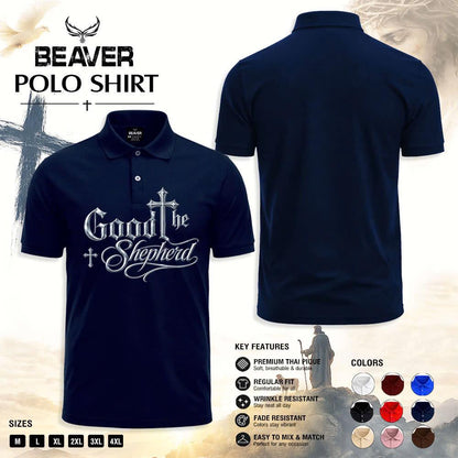 Good Shepherd Polo Shirt, Silver Cross Design, Men's Religious Golf Shirt