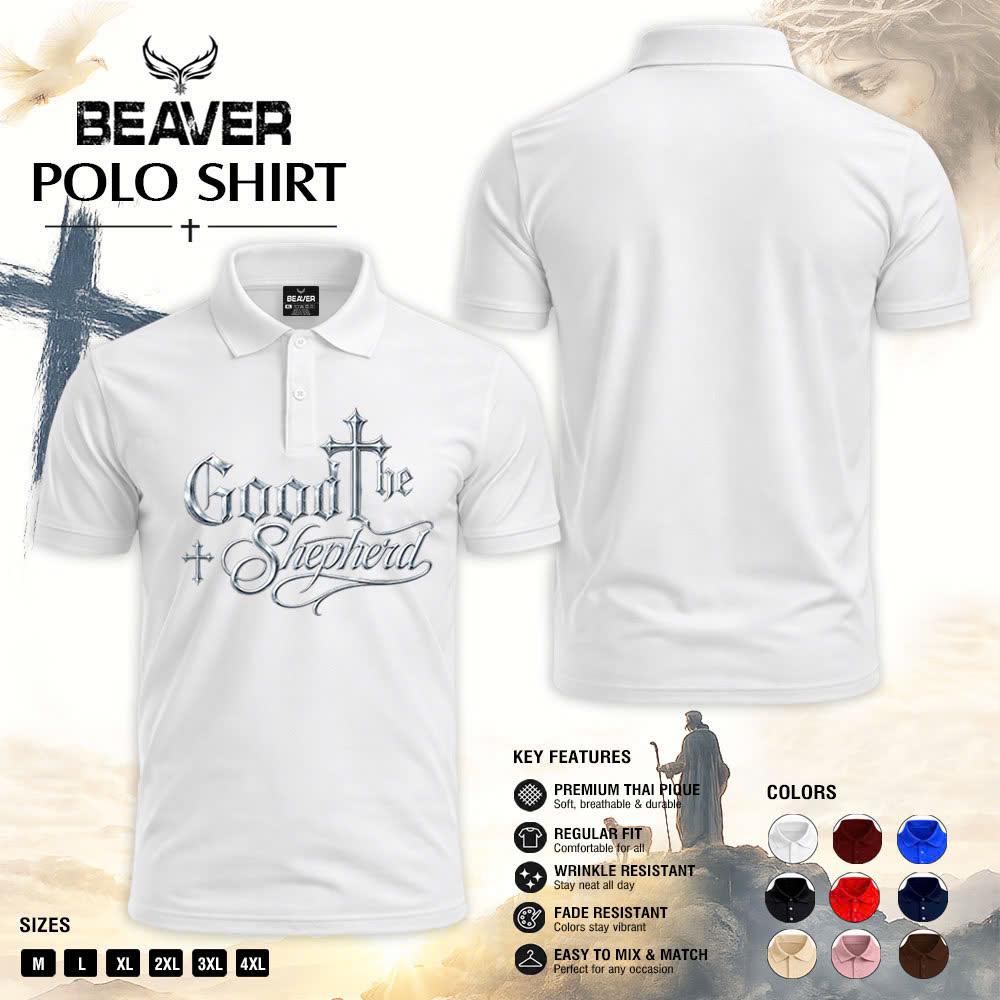 Good Shepherd Polo Shirt, Silver Cross Design, Men's Religious Golf Shirt
