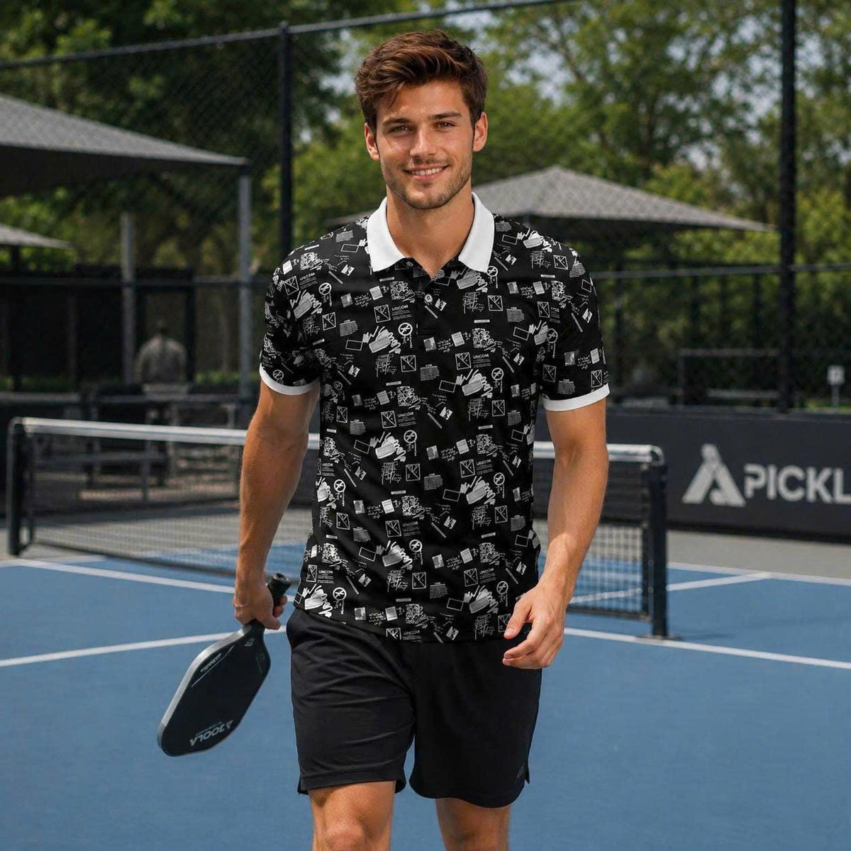 Urban Graffiti Polo Shirt, Black and White Abstract Print, Casual Short Sleeve Collared Shirt