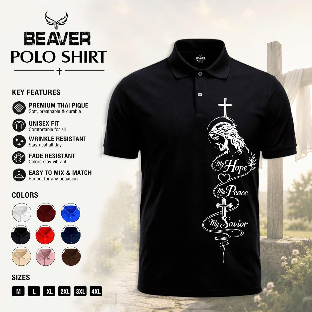 Hope Peace Savior Cross Graphic Polo Shirt, Men's Casual Short Sleeve Top, Christian Design