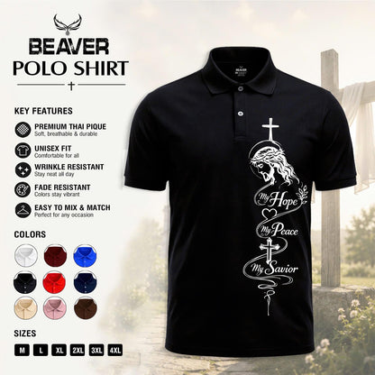 Hope Peace Savior Cross Graphic Polo Shirt, Men's Casual Short Sleeve Top, Christian Design