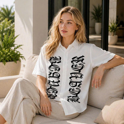 Gothic Letter Graphic Shirt, Bold Old English Typography, Casual Short Sleeve Button Up Shirt