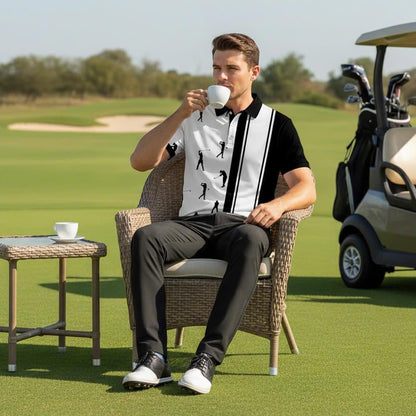 Men's Athletic Golf Polo 21 – Black & White Golfer Silhouette Stripe Polo Shirt
