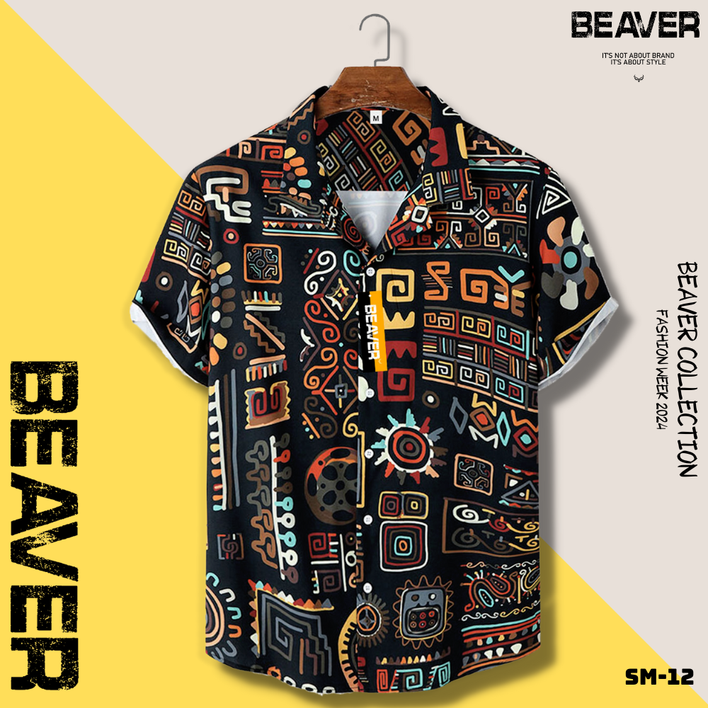 Colorful Geometric Aztec Shirt, Short Sleeve Button Up, Unisex Casual Beach & Vacation Shirt