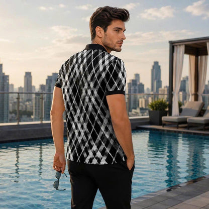 Black & White Argyle Polo Shirt, Geometric Plaid Print, Casual Short Sleeve Collared Shirt