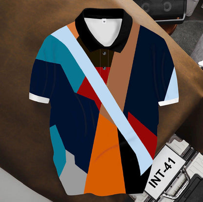 Abstract Geometric Polo Shirt, Color Block Pattern, Modern Art Design, Men's Casual Fashion Top
