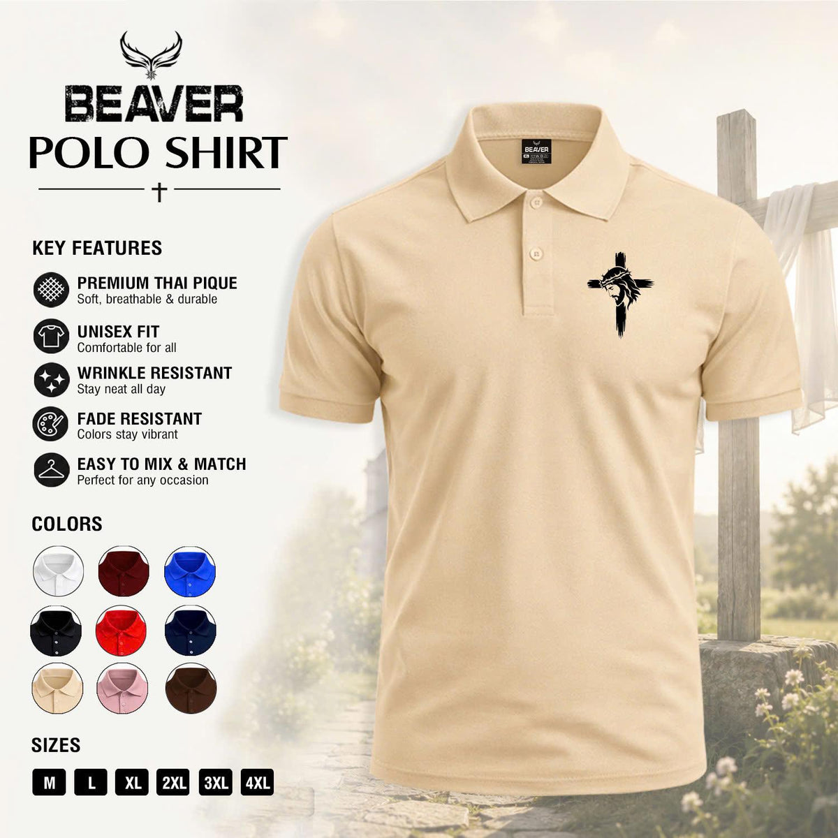 Cross Portrait Graphic Polo Shirt, Vintage Cross Design, Men's Casual Short Sleeve Top