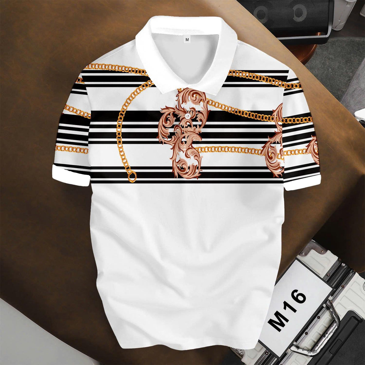 Vintage Baroque Chain Polo Shirt, Luxury Stripe Pattern, Unisex Fashion Top