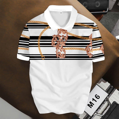 Vintage Baroque Chain Polo Shirt, Luxury Stripe Pattern, Unisex Fashion Top