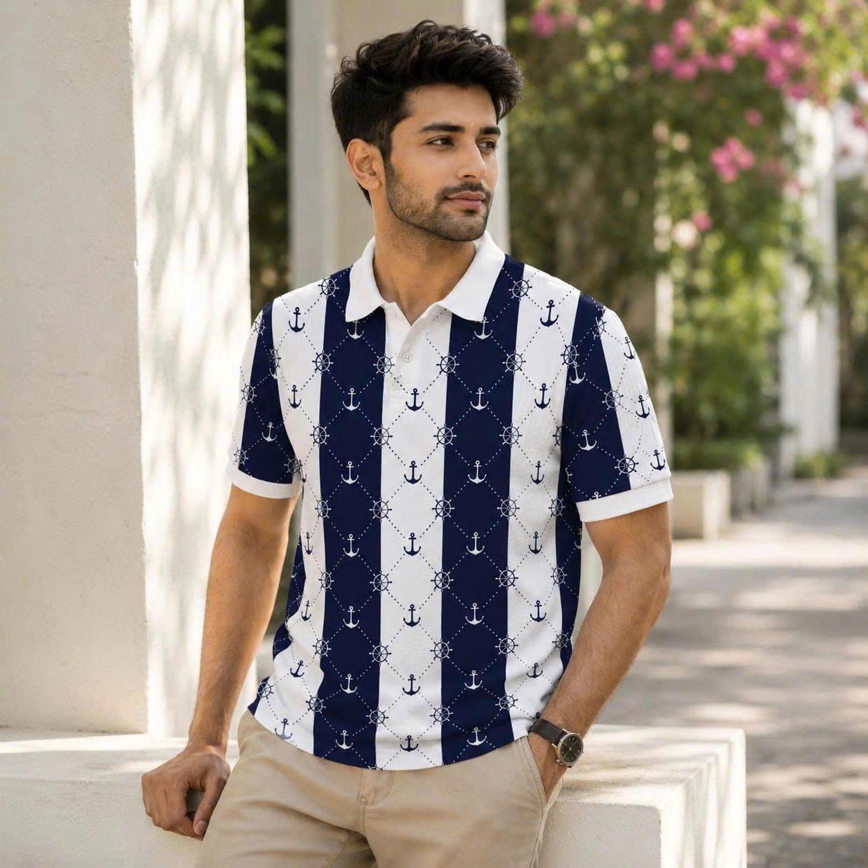 Men’s Nautical Anchor & Helm Polo Shirt – Navy Stripes, Coastal Vibes, Summer Casual Style