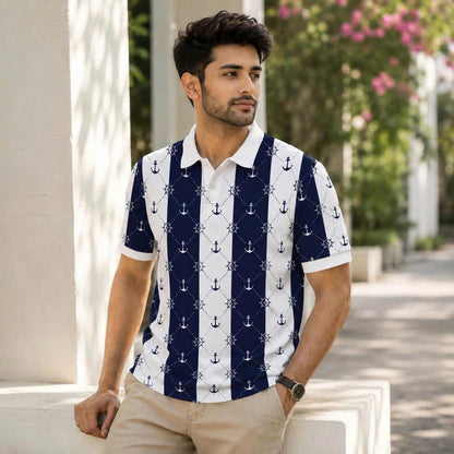 Men’s Nautical Anchor & Helm Polo Shirt – Navy Stripes, Coastal Vibes, Summer Casual Style