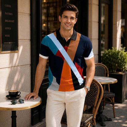 Abstract Geometric Polo Shirt, Color Block Pattern, Modern Art Design, Men's Casual Fashion Top