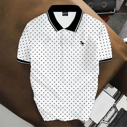 Polka Dot Polo Shirt, Classic Black & White Print, Casual Short Sleeve Collared Shirt