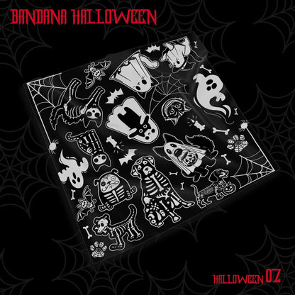 Halloween Bandana Scarf – Spooky Ghosts, Skulls, Pumpkins Print – Square Headband, Dog Scarf, Costume Accessory