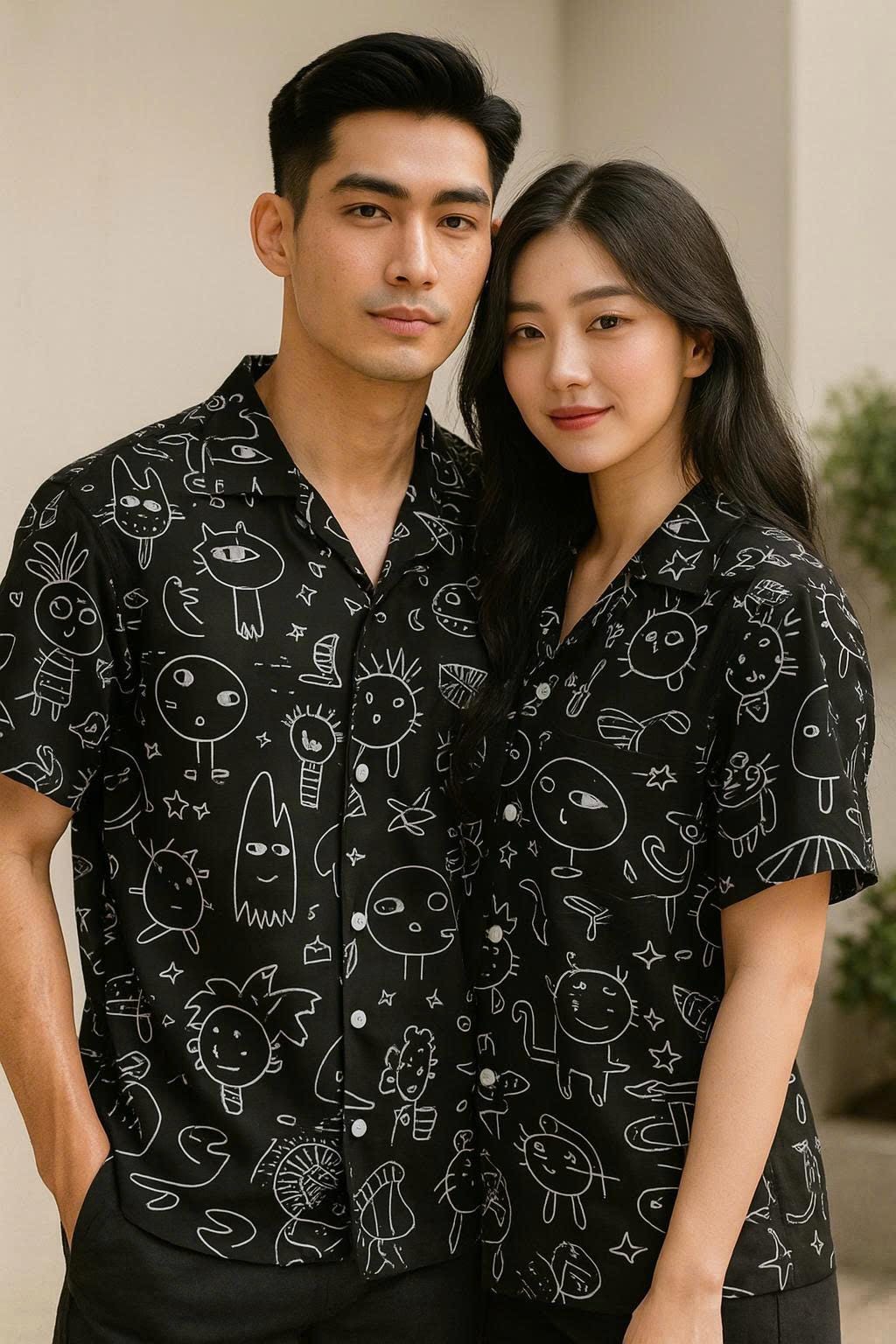 Abstract Doodle Print Shirt, Black & White Button-Down, Unisex Short Sleeve Casual Streetwear Shirt