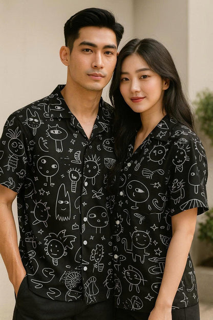 Abstract Doodle Print Shirt, Black & White Button-Down, Unisex Short Sleeve Casual Streetwear Shirt