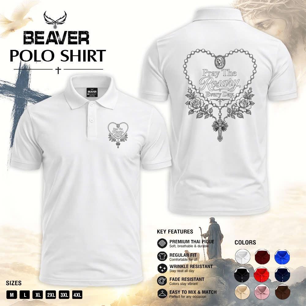 Pray The Rosary Every Day Polo Shirt, Sacred Rosary Heart Design, Men's Vintage Casual Top