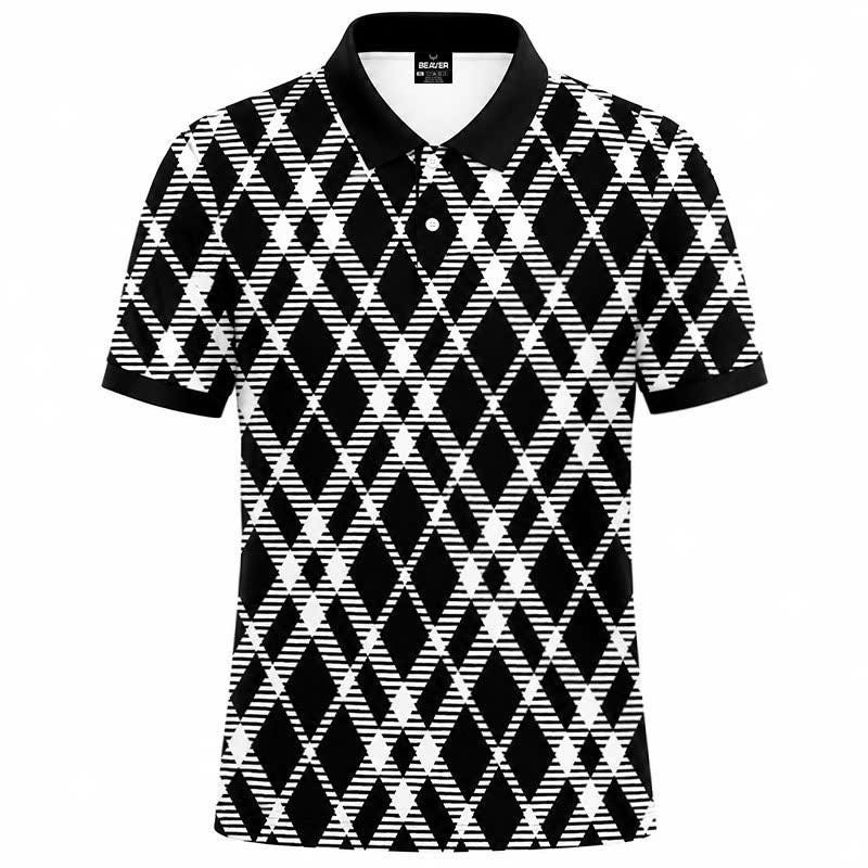 Black & White Argyle Polo Shirt, Geometric Plaid Print, Casual Short Sleeve Collared Shirt