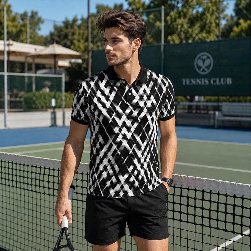 Black & White Argyle Polo Shirt, Geometric Plaid Print, Casual Short Sleeve Collared Shirt