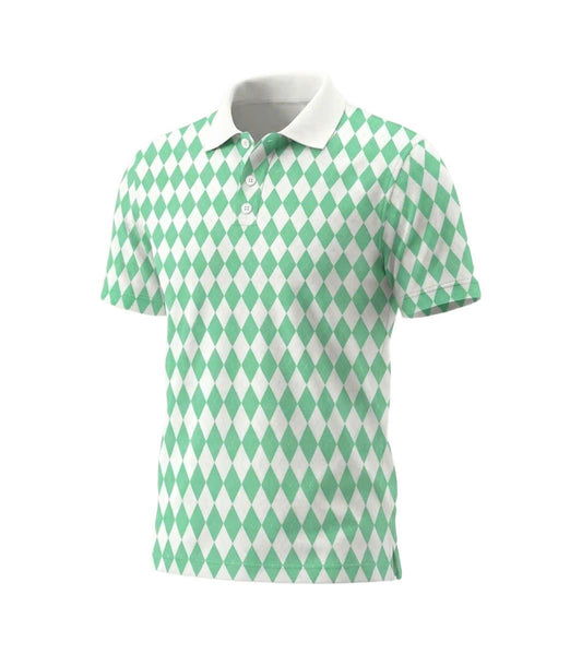 Men’s Athletic Golf Polo 07 – Green Diamond Harlequin Pattern Polo Shirt
