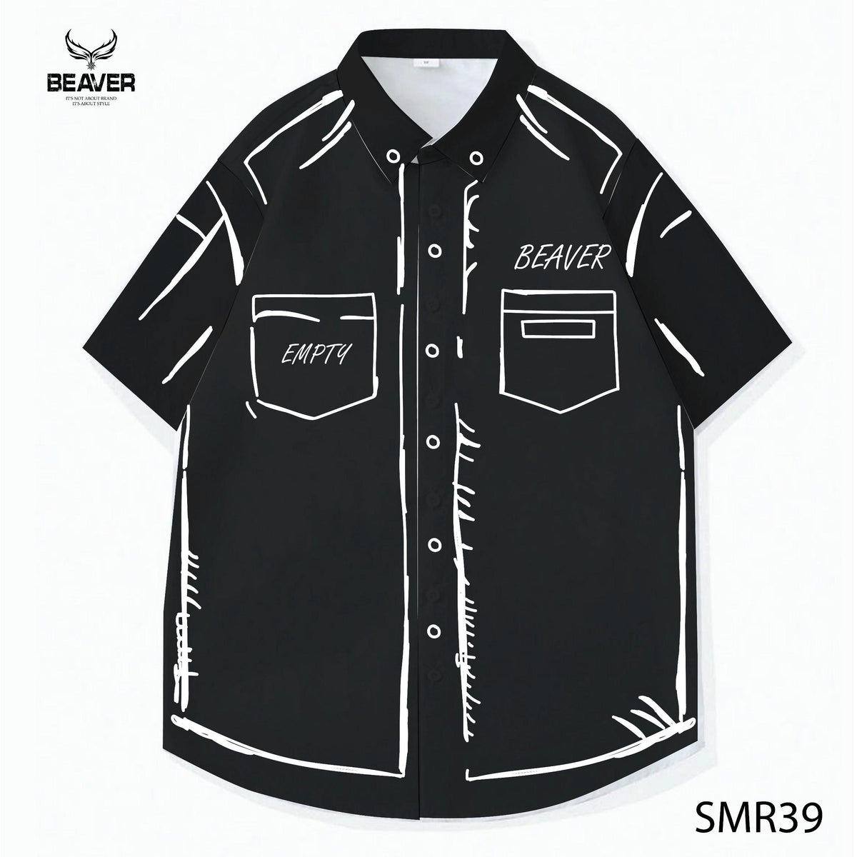 BEAVER Sketch Graphic Button-Up Shirt, Oversized Black & White Streetwear, Unisex Casual Summer Top