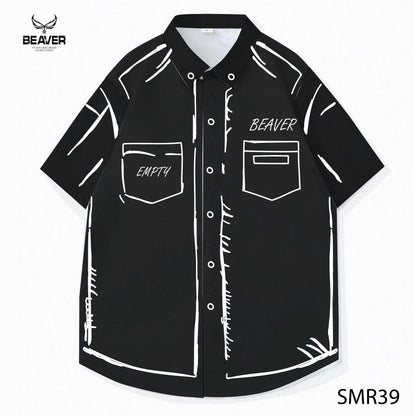BEAVER Sketch Graphic Button-Up Shirt, Oversized Black & White Streetwear, Unisex Casual Summer Top