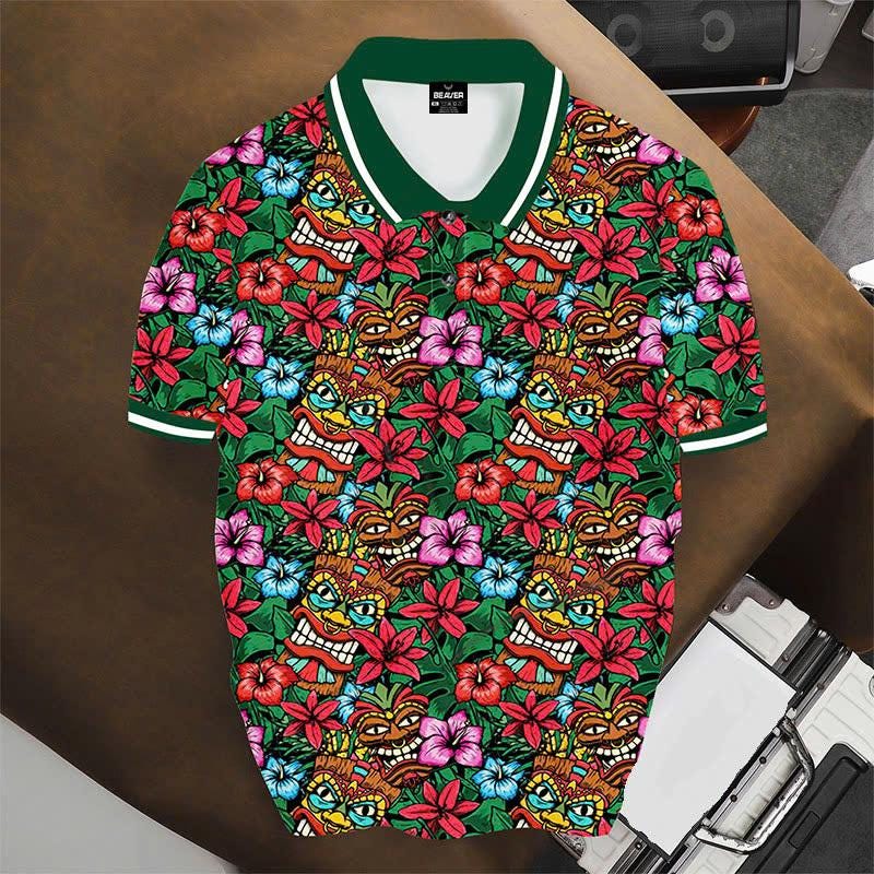 Tiki Mask Floral Polo Shirt, Hawaiian Hibiscus Print, Casual Short Sleeve Collared Shirt