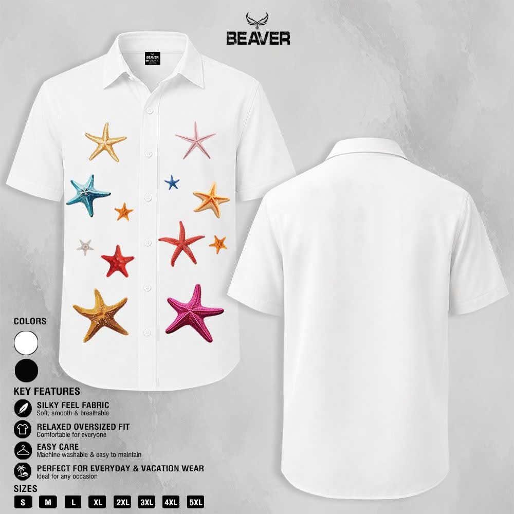 Colorful Starfish Graphic Shirt, Ocean Inspired Print, Casual Short Sleeve Button Up Shirt