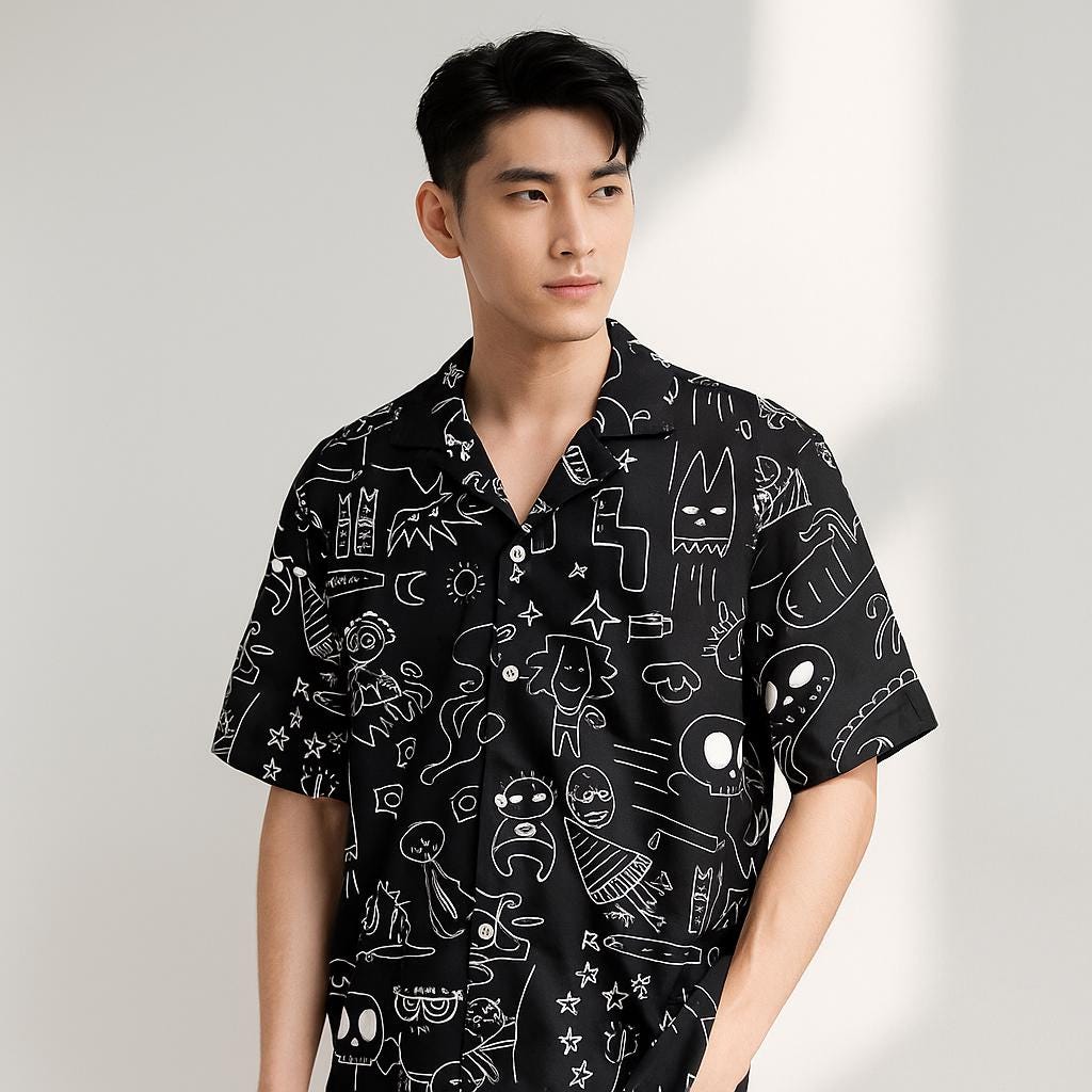 Abstract Doodle Print Shirt, Black & White Button-Down, Unisex Short Sleeve Casual Streetwear Shirt