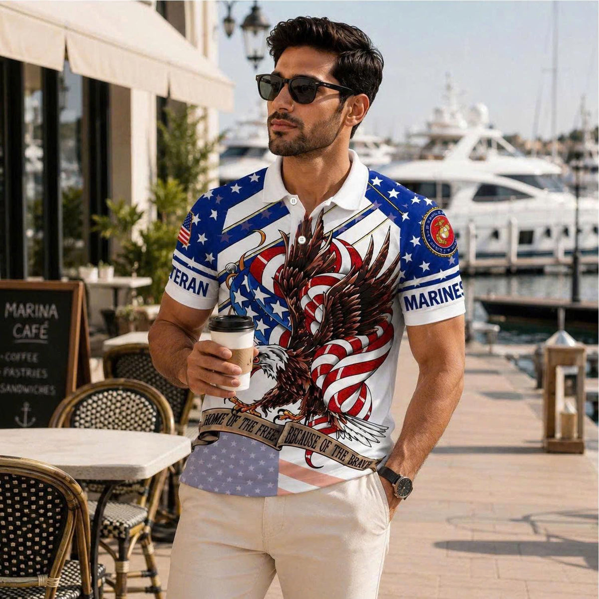 US Marines Veteran Polo Shirt – American Eagle Flag Patriotic Military Gift