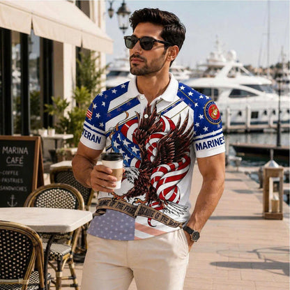US Marines Veteran Polo Shirt – American Eagle Flag Patriotic Military Gift