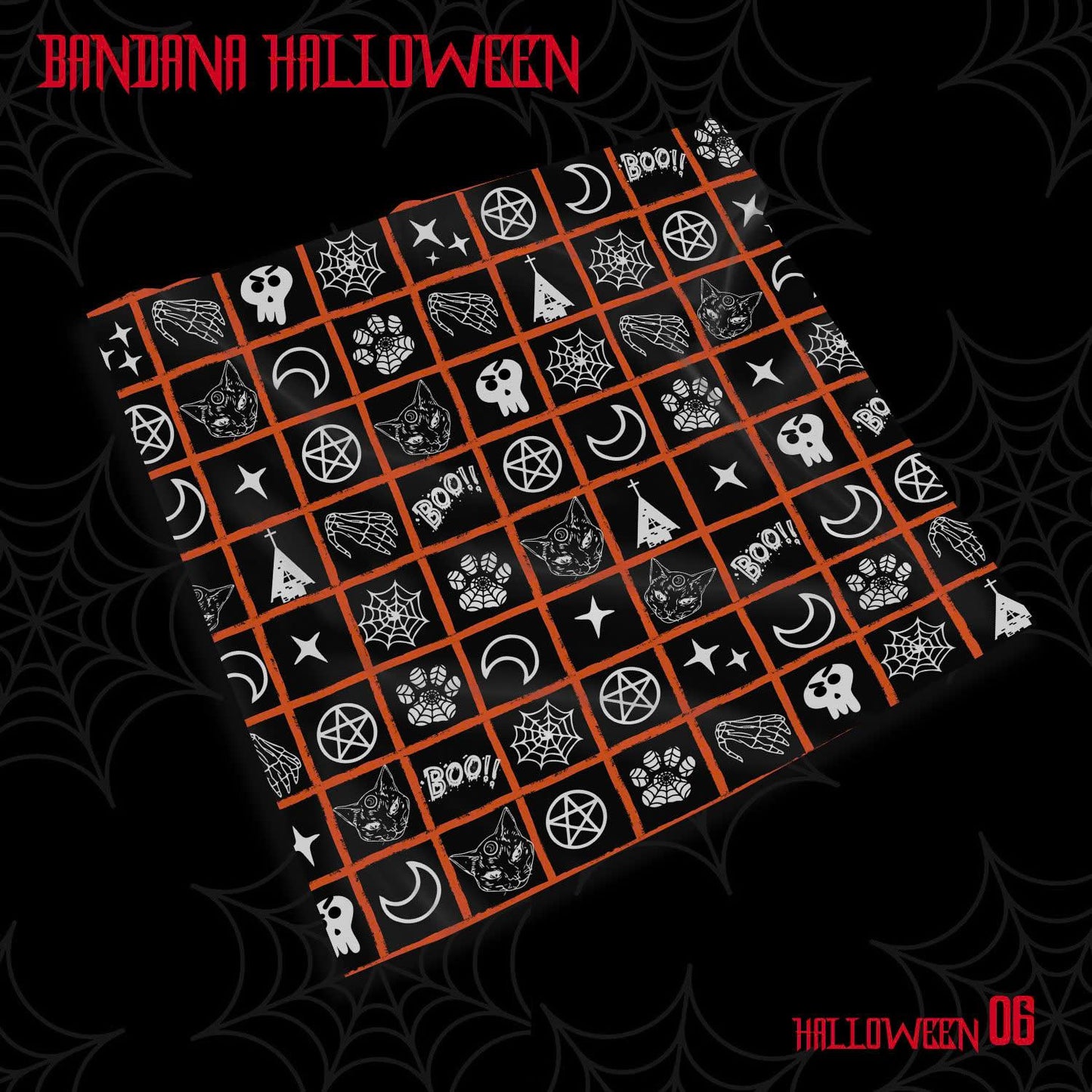 Halloween Bandana Scarf – Spooky Ghosts, Skulls, Pumpkins Print – Square Headband, Dog Scarf, Costume Accessory