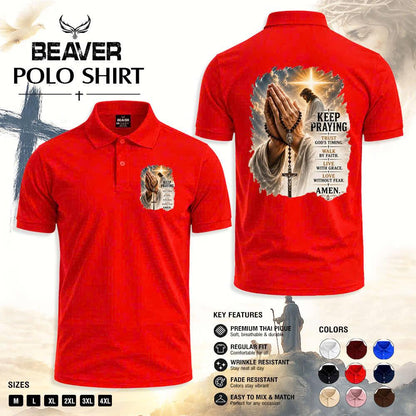 Keep Praying Christian Polo Shirt, Jesus Prayer Cross Graphic, Religious Church & Casual Wear