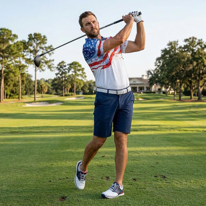 Men’s Athletic Golf Polo 14 – USA Flag Abstract Brushstroke Pattern Polo Shirt