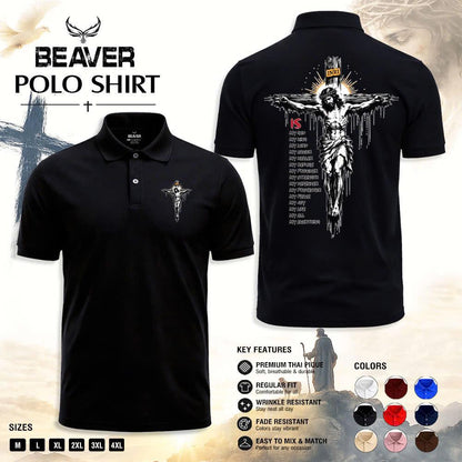 Crucifix Graphic Polo Shirt, Vintage Cross Print, Men's Casual Short Sleeve Top